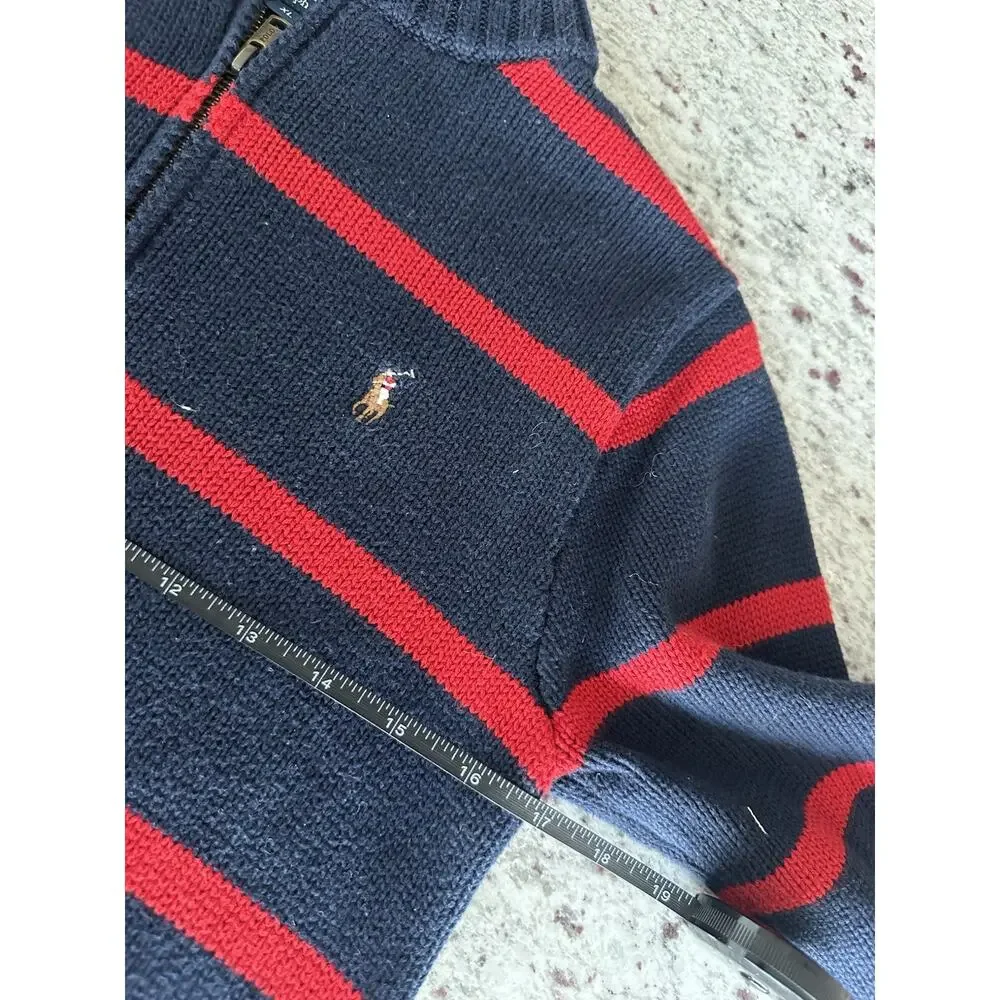 Polo Ralph Lauren Navy Red Striped Tight-Knit Mock Neck 1/4 Zip Sweater XL